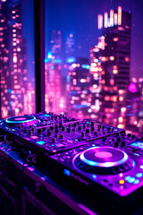 Fototapeta premium DJ turntables in front of a skyline