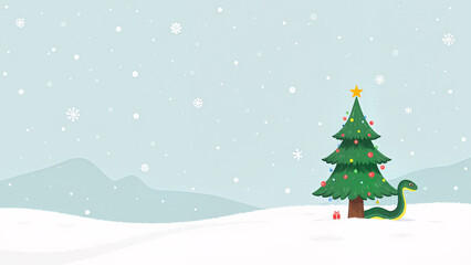 Obraz premium Snake a symbol of the year: Illustration of a snowy winter landscape with a Christmas tree decorated with colorful baubles and a green snake slithering on the snow, symbolizing the Year of the Snake d