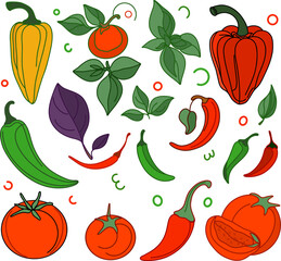 Collection of colorful vegetables and herbs, peppers, tomatoes, and basil leaves, chili. Perfect for culinary designs, healthy food concepts, and natural themed projects.
