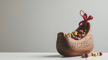 Colorful candies nestled in a handcrafted wooden vessel adorned with a festive red bow, creating a cheerful and inviting display for celebrations or gifts.