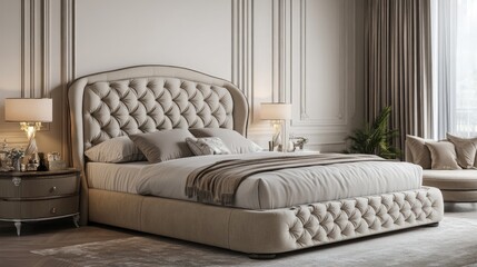 Fototapeta premium Elegant bedroom with a plush tufted bed, soft neutral tones, sophisticated decor, stylish bedside lamps, and cozy seating, creating a serene sanctuary.