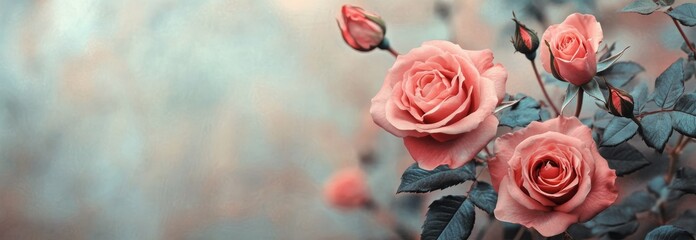 Delicate pink roses blooming in a serene garden during early morning light