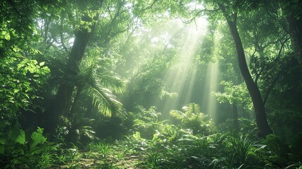 Obraz premium Sunlight streams through a dense lush jungle filled with vibrant green plants.