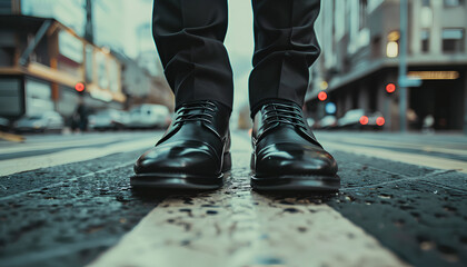 Fototapeta premium businessman in black leather shoes standing at a crossroads decides which way to go. So many choices