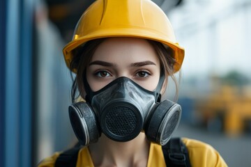 An industrial worker wears protective gear, including a safety helmet and respirator mask, embodying safety and caution in a construction environment under strict protocols.