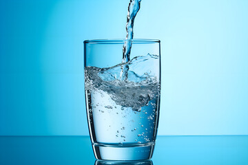 water pouring into a glass on a blue background. The concept is cleanliness and ecology and a healthy lifestyle