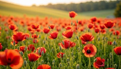 Fototapeta premium Vibrant red poppy flowers blooming in a sunlit field during golden hour