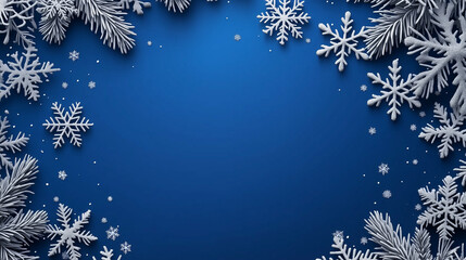 Christmas festive frame of silver snowflakes and pine branches against a rich blue background