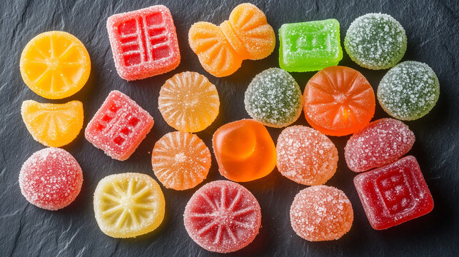 Multicolor candies on textured stone background for colorful design projects