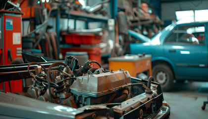 Fototapeta premium Laptop torque figures and horsepower is the engine of the vehicle for diagnostics and configuration. Diagnostic machines is ready for use with the car. Broken car in auto repair shop. Auto service