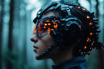 Profile of a person wearing an innovative helmet with illuminated tech elements, capturing futuristic style, technological progress, and a cyber-enhanced vision.