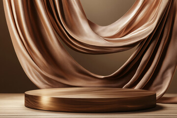 Wooden podium with a flying brown silk cloth on background