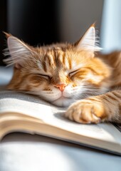 Cat napping on an open book	