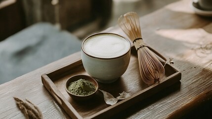 A light blue mug of latte matched powder and a whisk on a wooden tray.

