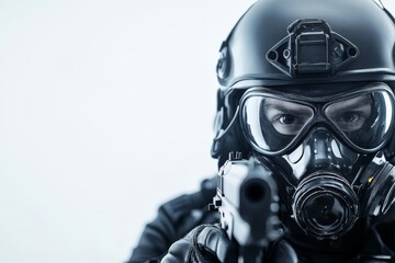 A tactical officer in full protective gear and a gas mask aims a firearm, embodying security, protection, and readiness in high-pressure situations.