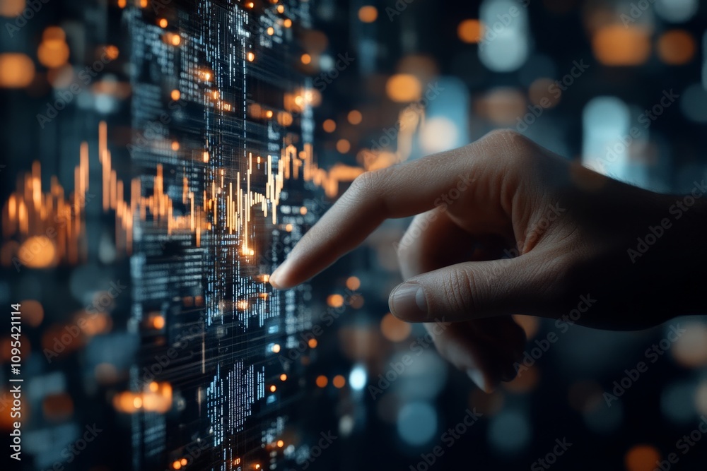 Poster a hand reaches towards and interacts with dynamic, futuristic data visualizations that dominate the 