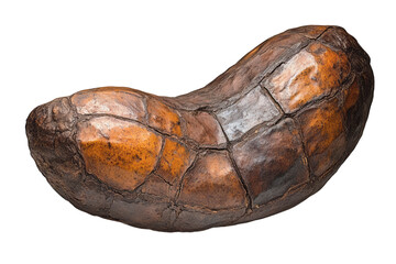 A macro shot of a single cocoa bean, showcasing its rough,