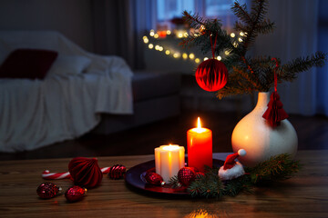 christmas decor in red and white colors at home