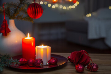 christmas decor in red and white colors at home