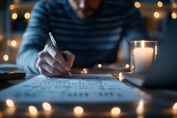 A person writes detailed notes on a financial document by the warm glow of candlelight, capturing a moment of focus and traditional working style.