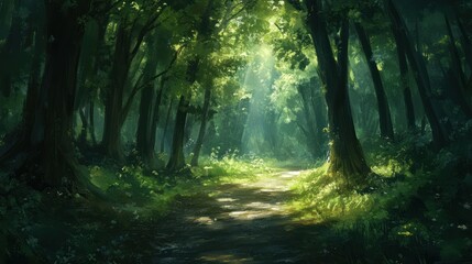 Obraz premium Sunlit Forest Path: A Digital Painting of Tranquil Nature