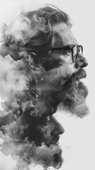 Artistic Black and White Portrait of a Man in Smoke with Long Hair and Beard