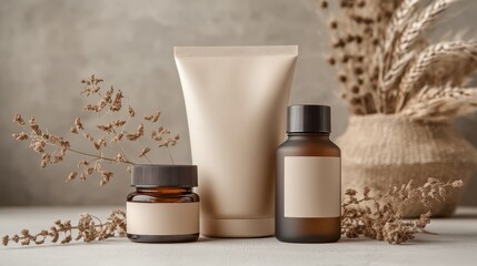 Neutral skincare set with dried flowers	