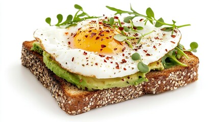A slice of toast topped with avocado a fried egg greens and spices.

