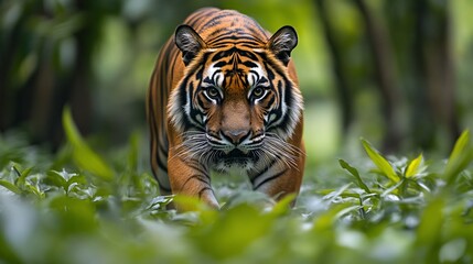 Majestic tiger walking towards the camera in lush green jungle.