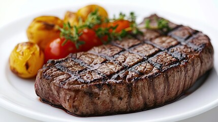 A grilled steak with small yellow and red vegetables on a white plate.