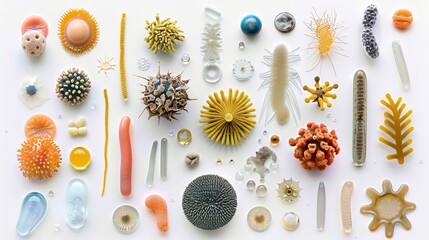 Close up of diverse bacteria and microorganisms on white background under microscope