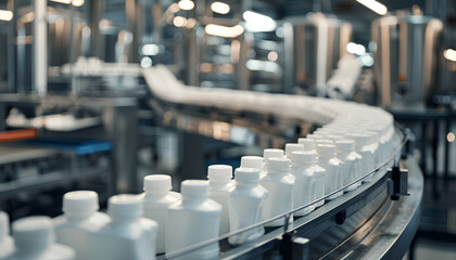 Obraz premium modern conveyor production line with a large number of translucent plastic liter bottles filled with white milk inside and with a white lid, bottles are moving along the conveyor