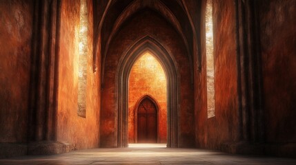 Naklejka premium Ancient Chapel Passage, a dimly lit corridor with warm, textured walls and grand arches leading to a richly decorated wooden door, evoking a sense of mystery and history.