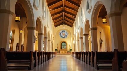 Fototapeta premium Serene church interior featuring elegant arches, stained glass windows, warm lighting, and a prominent altar, inviting spiritual reflection and tranquility.