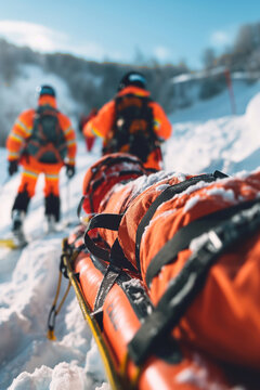 Accident in the mountains. A group of mountain rescuers in the snowy mountain landscape. Mountain search and rescue team and man on a toboggan or emergency rescue sled.