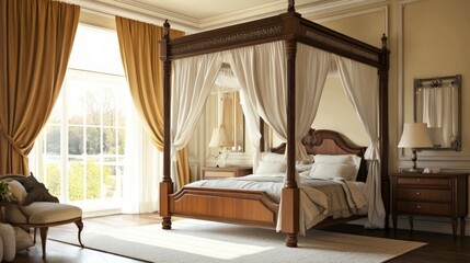 Elegant bedroom with a four-poster bed draped in soft white fabric, warm golden curtains framing a bright window, inviting natural light and a cozy atmosphere.