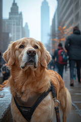 A visually impaired person holding the harness of a guide dog while navigating a crowded sidewalk, with tall buildings in the background,