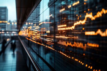 A vibrant digital display showcases a glowing stock market graph, creating a dynamic visual in an urban setting, symbolizing modern finance and technology.