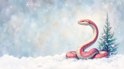 Obraz premium Snake a symbol of the year: Beautiful winter scene with a pink and white snake coiled around a snow-covered pine tree, symbolizing the Year of the Snake during the holiday season 