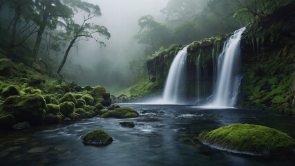 Obraz premium natural waterfall in the forest background wallpaper