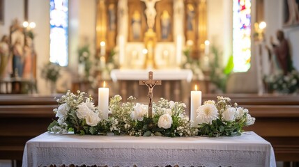 Sacred altar adorned with white flowers, flickering candles illuminating the crucifix, peaceful church interior, soft light filtering through stained glass windows