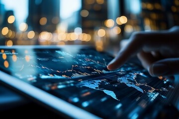 A close interaction with a digital screen showing intricate visual data and graphs depicting global market trends against a backdrop of a modern cityscape.