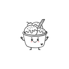 Cute cartoon Ice Cream in paper cup with berry isolated on white background. Funny ice cream in doodle style. Black and white vector illustration