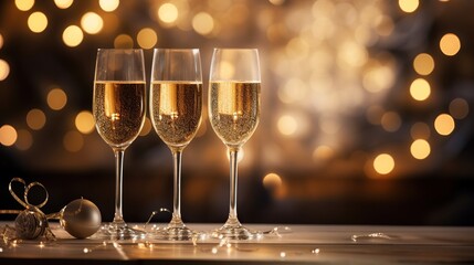 Three champagne flutes filled with bubbly