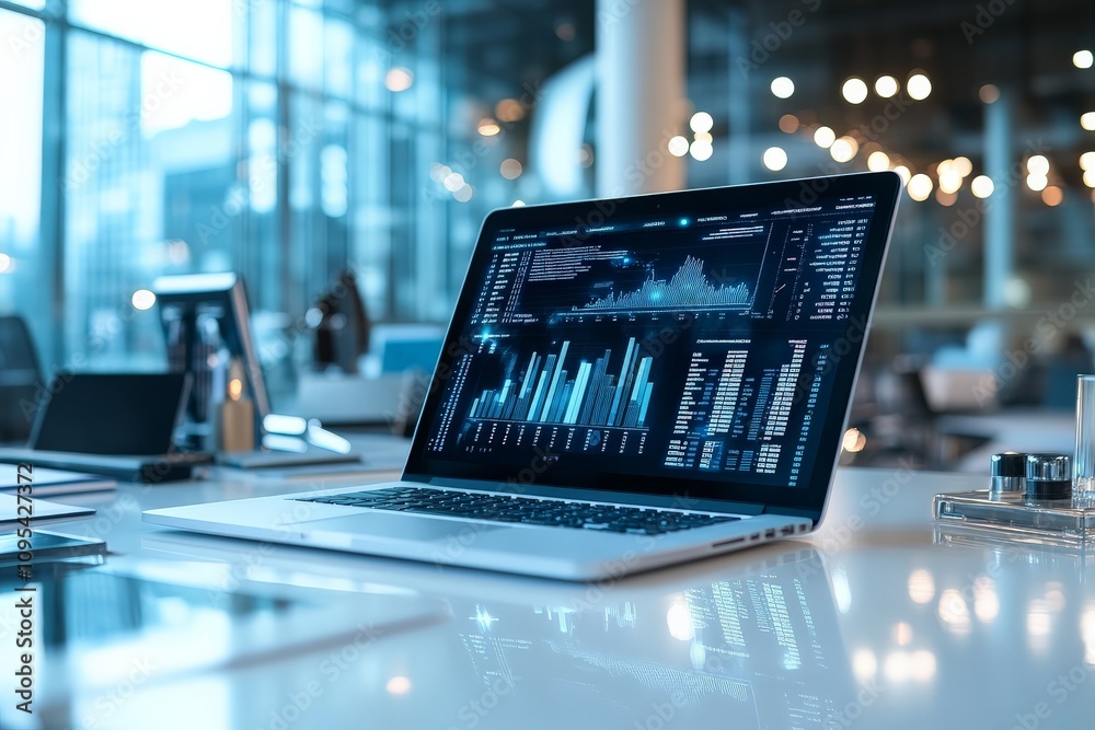 Poster a sleek laptop displaying various data visualizations sits prominently on an office desk, symbolizin