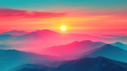 Fototapeta premium Vibrant sunset over misty mountain range.