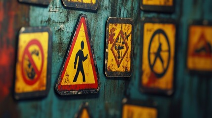 Various danger signs, warning signs, and attention signs are represented, serving as hazard indicators