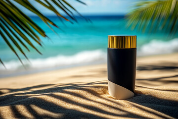 Luxurious Sun Cream Bottle with Gold Cap on Tropical Beach
