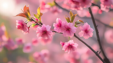 Fototapeta premium Sakura flowers blooming in springtime, himalayan cherry blossom tree twig. Blossoming Sakura Trees. Illustration