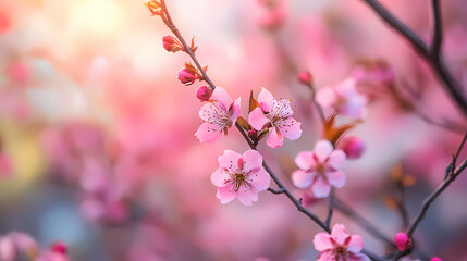 Fototapeta premium Sakura flowers blooming in springtime, himalayan cherry blossom tree twig. Blossoming Sakura Trees. Illustration